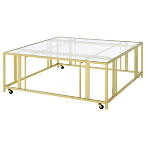 English Elm Pillar Matte Brass Open Frame Square Tempered Glass Coffee Table for Modern Living B062S01891