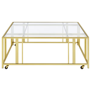 English Elm Pillar Matte Brass Open Frame Square Tempered Glass Coffee Table for Modern Living B062S01891