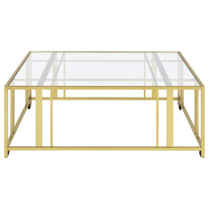 English Elm Pillar Matte Brass Open Frame Square Tempered Glass Coffee Table for Modern Living B062S01891