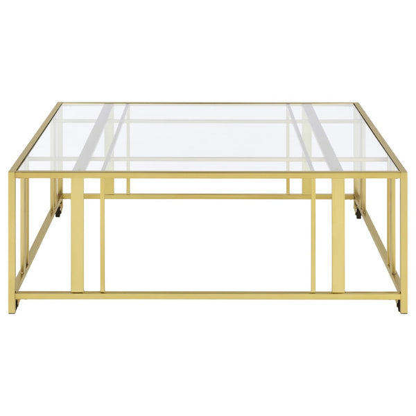 English Elm Pillar Matte Brass Open Frame Square Tempered Glass Coffee Table for Modern Living B062S01891