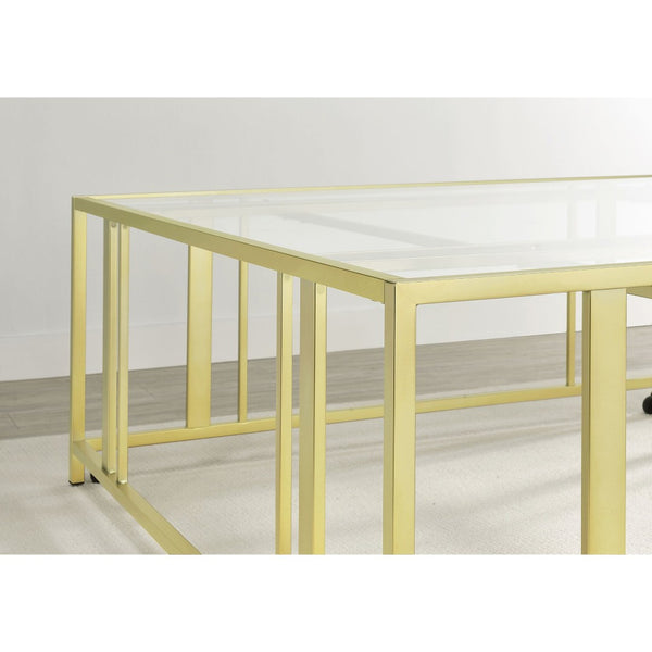 English Elm Pillar Matte Brass Open Frame Square Tempered Glass Coffee Table for Modern Living B062S01891