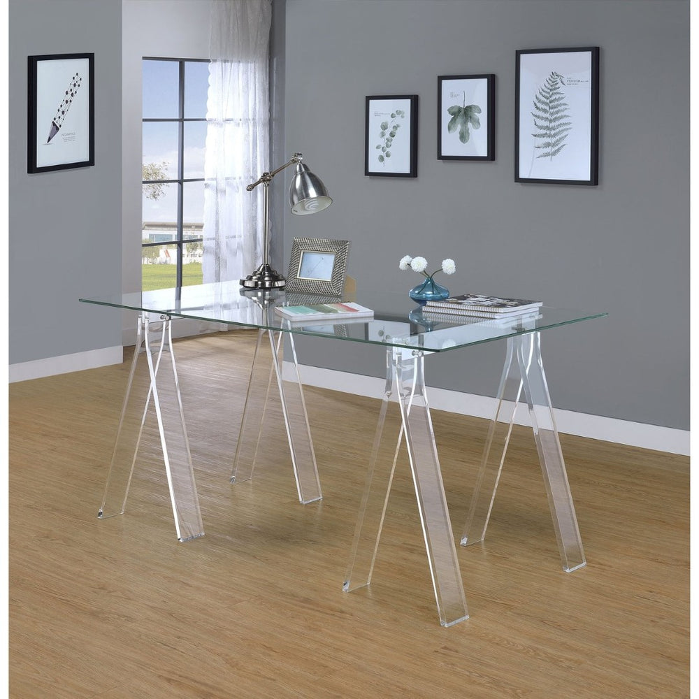 English Elm Roda Tempered Glass Writing Desk with Acrylic Sawhorse Legs for Modern Home Office B062S01893
