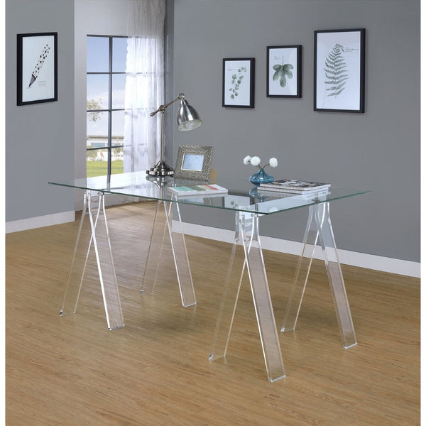 English Elm Roda Tempered Glass Writing Desk with Acrylic Sawhorse Legs for Modern Home Office B062S01893