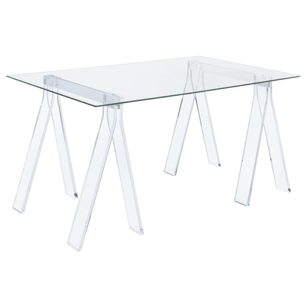 English Elm Roda Tempered Glass Writing Desk with Acrylic Sawhorse Legs for Modern Home Office B062S01893