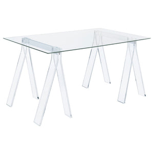 English Elm Roda Tempered Glass Writing Desk with Acrylic Sawhorse Legs for Modern Home Office B062S01893