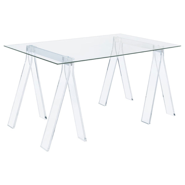 English Elm Roda Tempered Glass Writing Desk with Acrylic Sawhorse Legs for Modern Home Office B062S01893