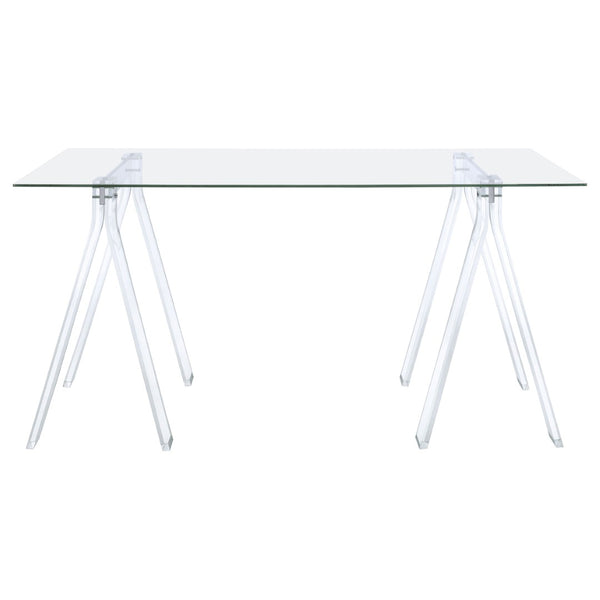 English Elm Roda Tempered Glass Writing Desk with Acrylic Sawhorse Legs for Modern Home Office B062S01893