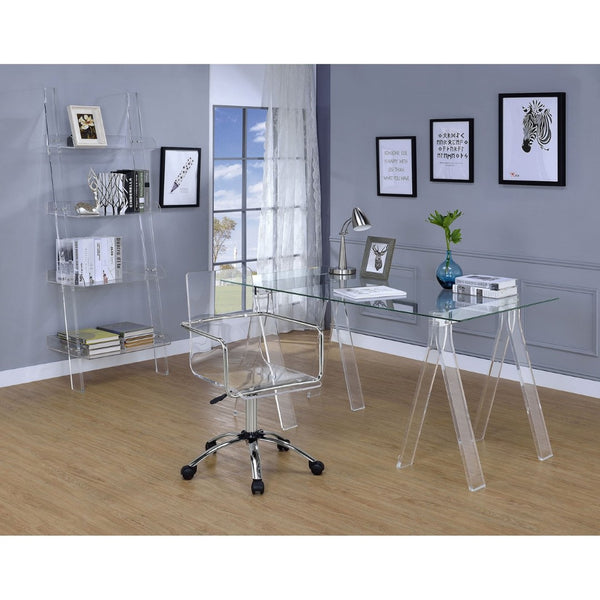 English Elm Roda Tempered Glass Writing Desk with Acrylic Sawhorse Legs for Modern Home Office B062S01893