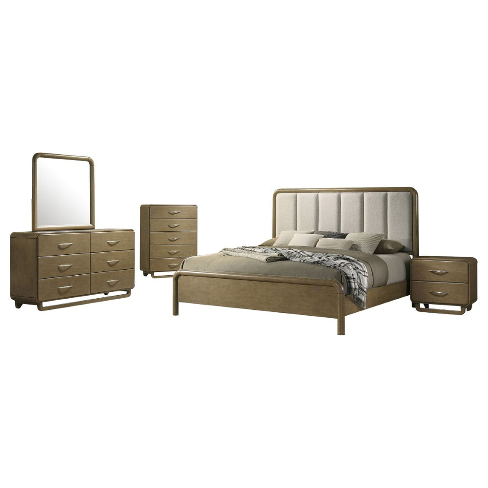 English Elm Bernardo Five Piece Queen Bedroom Set Boucle Headboard Nutmeg Finish Storage B062S01896
