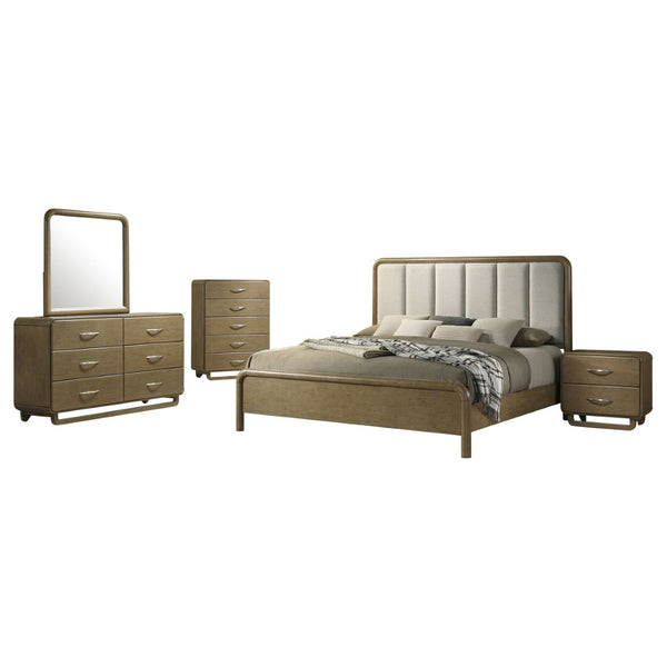English Elm Bernardo Five Piece Queen Bedroom Set Boucle Headboard Nutmeg Finish Storage B062S01896