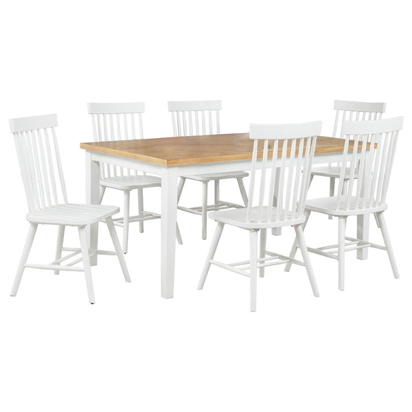 English Elm Aldren Seven Piece Farmhouse Dining Set with Windsor Spindle Chairs and Two-tone Finish White B062S01901