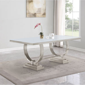 English Elm Mercy Tempered Glass Dining Table Seats Eight with Polished Steel Trestle Base B062S01905