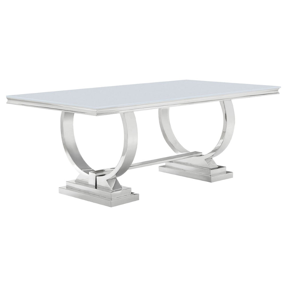 English Elm Mercy Tempered Glass Dining Table Seats Eight with Polished Steel Trestle Base B062S01905