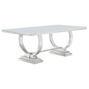 English Elm Mercy Tempered Glass Dining Table Seats Eight with Polished Steel Trestle Base B062S01905