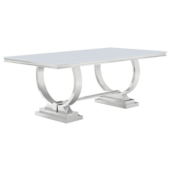 English Elm Mercy Tempered Glass Dining Table Seats Eight with Polished Steel Trestle Base B062S01905