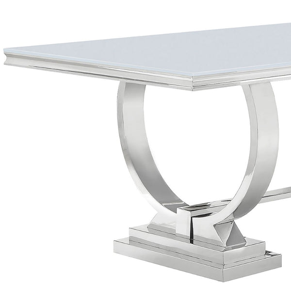 English Elm Mercy Tempered Glass Dining Table Seats Eight with Polished Steel Trestle Base B062S01905