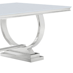 English Elm Mercy Tempered Glass Dining Table Seats Eight with Polished Steel Trestle Base B062S01905