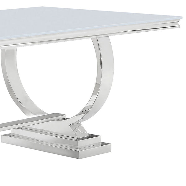 English Elm Mercy Tempered Glass Dining Table Seats Eight with Polished Steel Trestle Base B062S01905