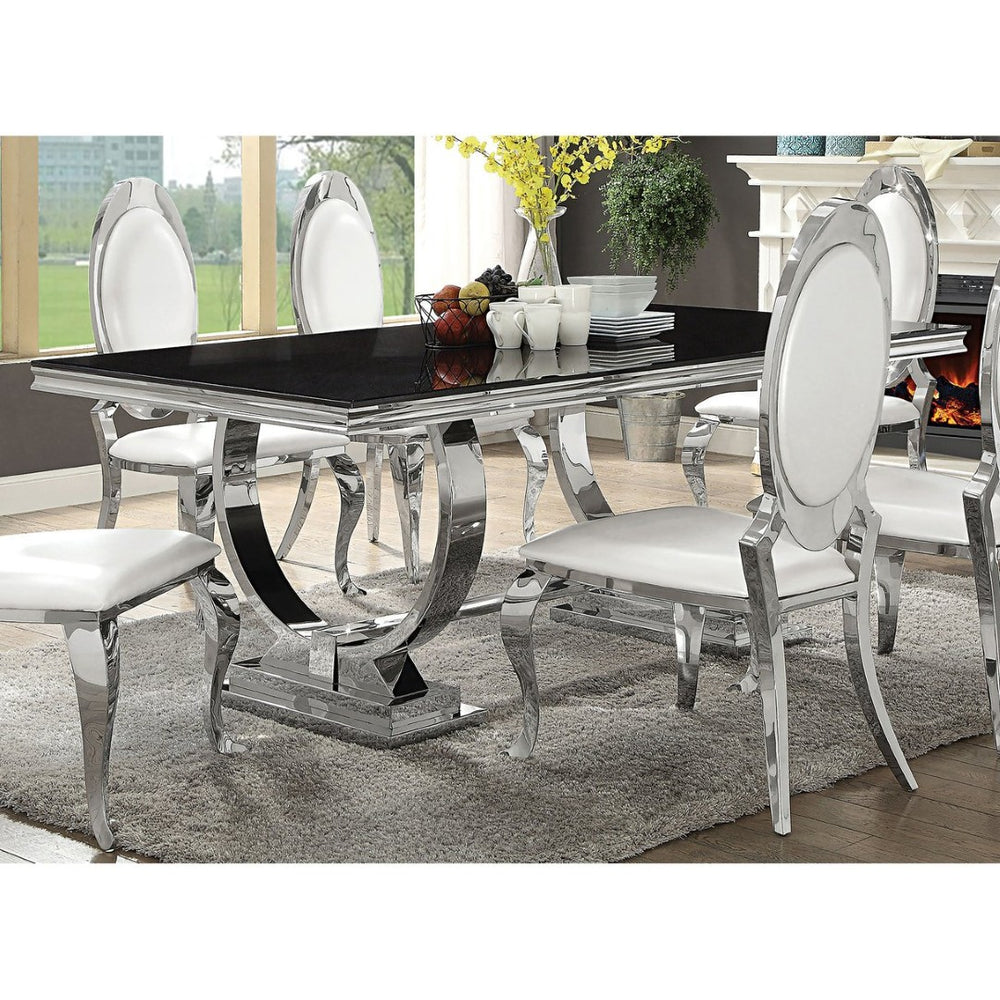 English Elm Mercy Beveled Tempered Glass Dining Table with Sculptural Stainless Steel Trestle Base B062S01906