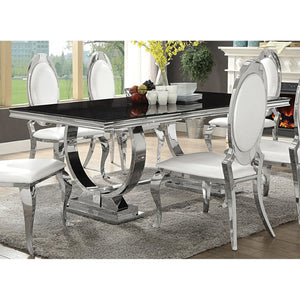English Elm Mercy Beveled Tempered Glass Dining Table with Sculptural Stainless Steel Trestle Base B062S01906