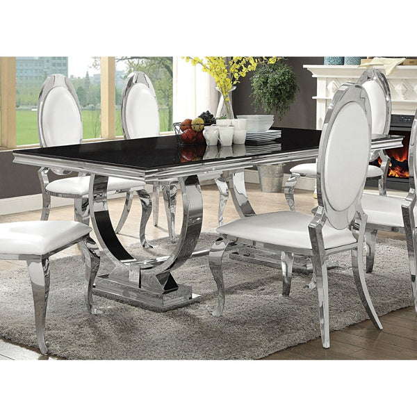 English Elm Mercy Beveled Tempered Glass Dining Table with Sculptural Stainless Steel Trestle Base B062S01906