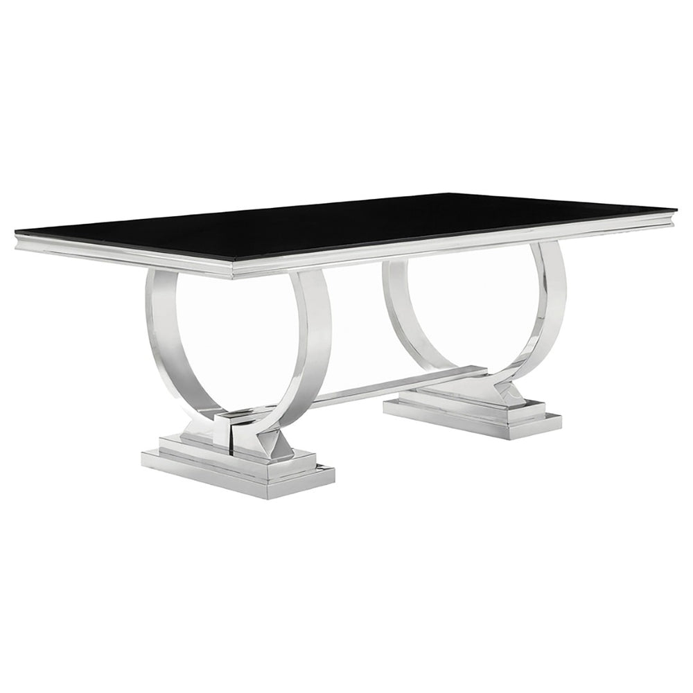 English Elm Mercy Beveled Tempered Glass Dining Table with Sculptural Stainless Steel Trestle Base B062S01906