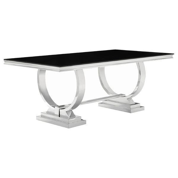 English Elm Mercy Beveled Tempered Glass Dining Table with Sculptural Stainless Steel Trestle Base B062S01906