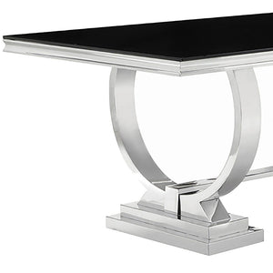 English Elm Mercy Beveled Tempered Glass Dining Table with Sculptural Stainless Steel Trestle Base B062S01906