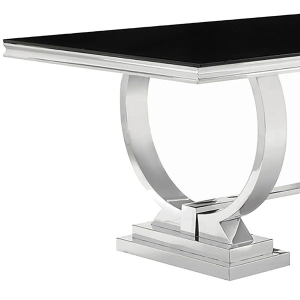 English Elm Mercy Beveled Tempered Glass Dining Table with Sculptural Stainless Steel Trestle Base B062S01906