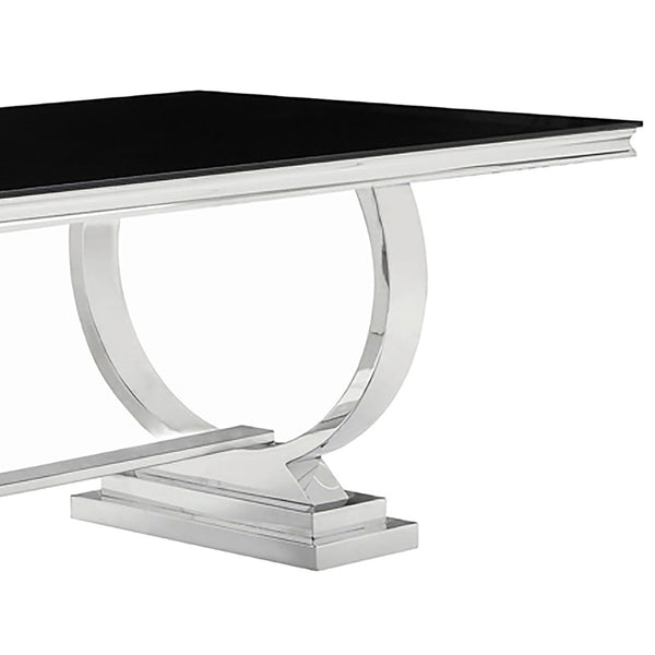English Elm Mercy Beveled Tempered Glass Dining Table with Sculptural Stainless Steel Trestle Base B062S01906