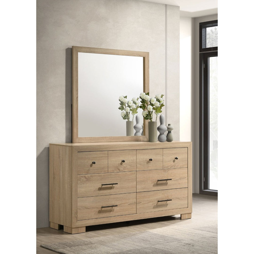 English Elm Merritt Six Drawer Dresser with Wall Mirror Light Oak Finish and Nickel Hardware B062S01908