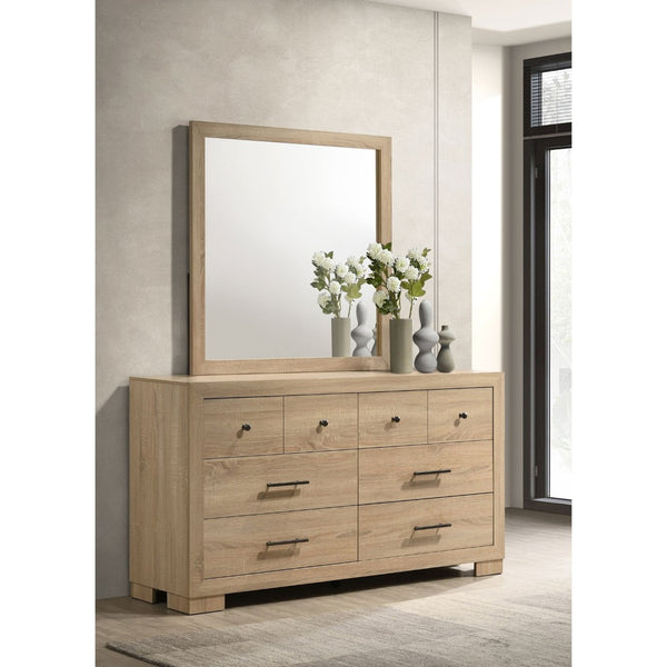 English Elm Merritt Six Drawer Dresser with Wall Mirror Light Oak Finish and Nickel Hardware B062S01908