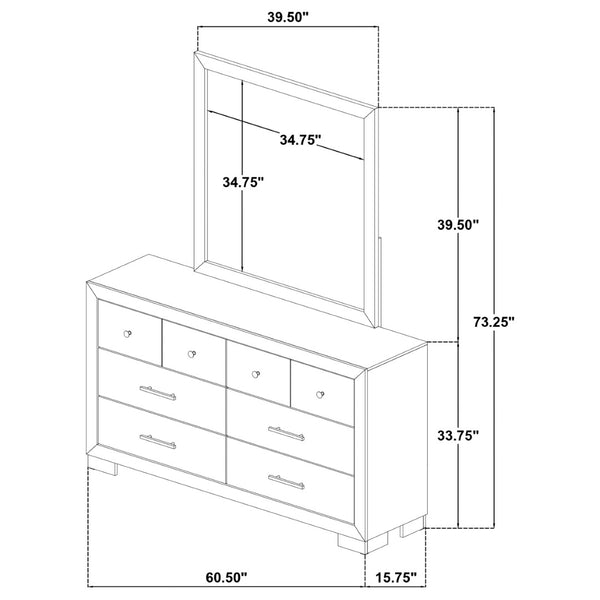 English Elm Merritt Six Drawer Dresser with Wall Mirror Light Oak Finish and Nickel Hardware B062S01908