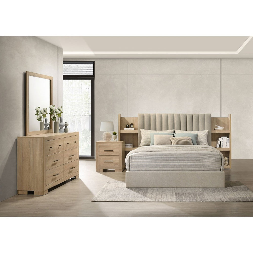 English Elm Merritt Queen Bedroom Set with Tufted Headboard Bookcase Storage and Oak Finish B062S01909
