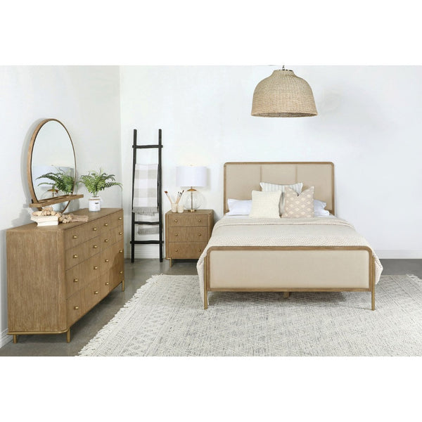 English Elm Benson Eastern King Bedroom Set Upholstered Headboard Ash Veneer Aged Brass Hardware B062S01911
