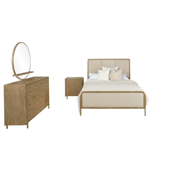 English Elm Benson Eastern King Bedroom Set Upholstered Headboard Ash Veneer Aged Brass Hardware B062S01911