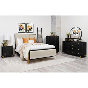 English Elm Benson Queen Panel Bed Cream Upholstered Frame with Aged Brass Legs Neutral Bedroom B062S01912