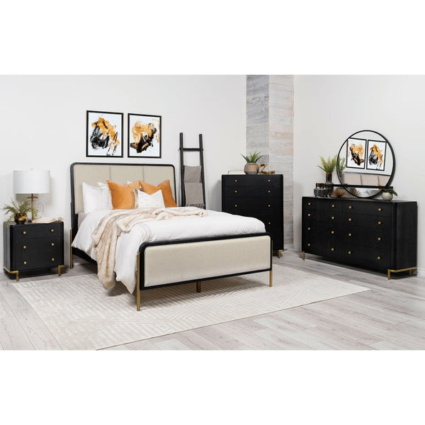English Elm Benson Eastern King Panel Bed with Cream Upholstery and Aged Brass Leg Accents Black B062S01913