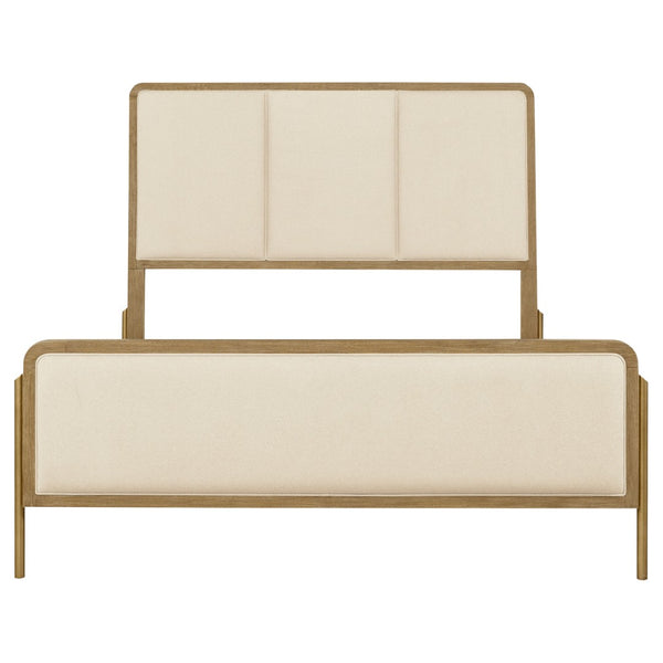 English Elm Benson Eastern King Panel Bed with Cream Upholstery and Aged Brass Leg Accents Sand B062S01914