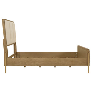 English Elm Benson Eastern King Panel Bed with Cream Upholstery and Aged Brass Leg Accents Sand B062S01914