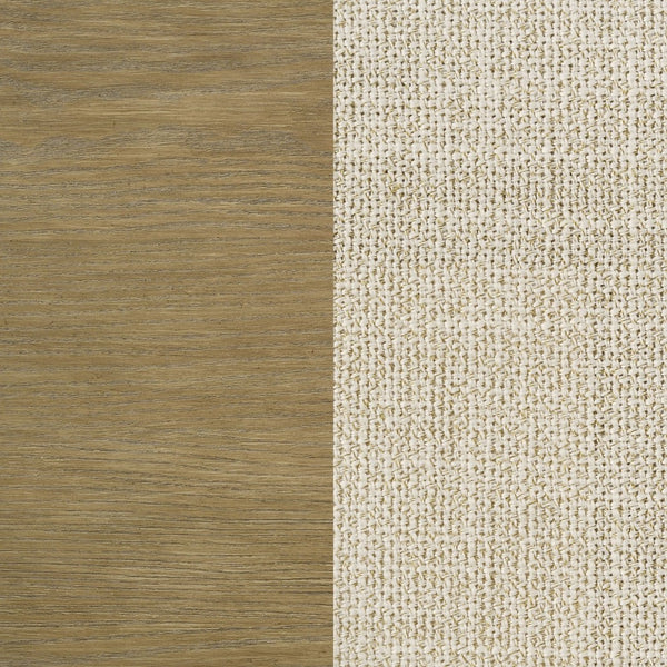 English Elm Benson Eastern King Panel Bed with Cream Upholstery and Aged Brass Leg Accents Sand B062S01914