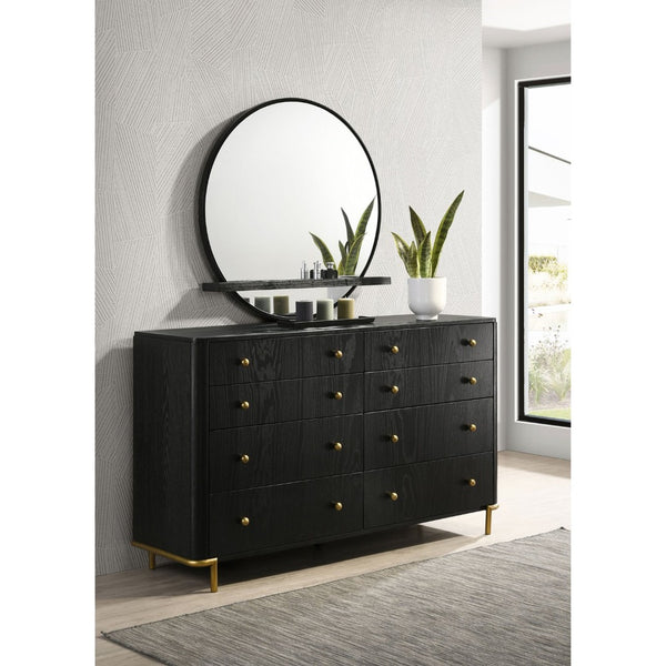 English Elm Benson Eight Drawer Dresser with Wall Mirror Brass Knobs Mid-Century Bedroom Storage B062S01916