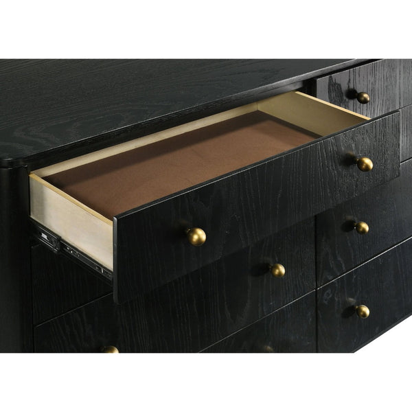 English Elm Benson Eight Drawer Dresser with Wall Mirror Brass Knobs Mid-Century Bedroom Storage B062S01916