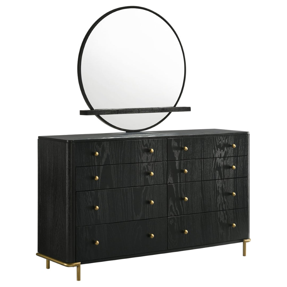 English Elm Benson Eight Drawer Dresser with Wall Mirror Brass Knobs Mid-Century Bedroom Storage B062S01916