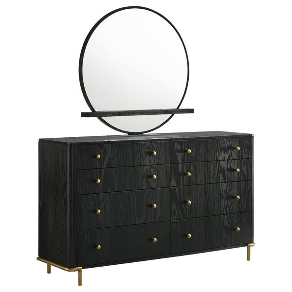 English Elm Benson Eight Drawer Dresser with Wall Mirror Brass Knobs Mid-Century Bedroom Storage B062S01916