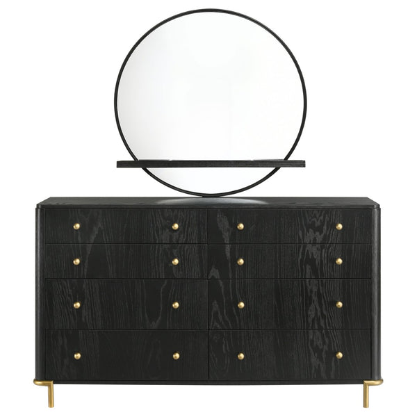 English Elm Benson Eight Drawer Dresser with Wall Mirror Brass Knobs Mid-Century Bedroom Storage B062S01916