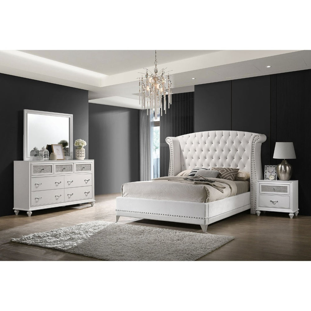 English Elm Randall White Velvet Wingback Eastern King Bedroom Set with Crystal Tufting Glam Acrylic B062S01922