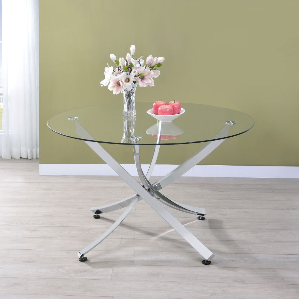 English Elm Declan Round Tempered Glass Dining Table with Sculptural Chrome Asterisk Base B062S01925