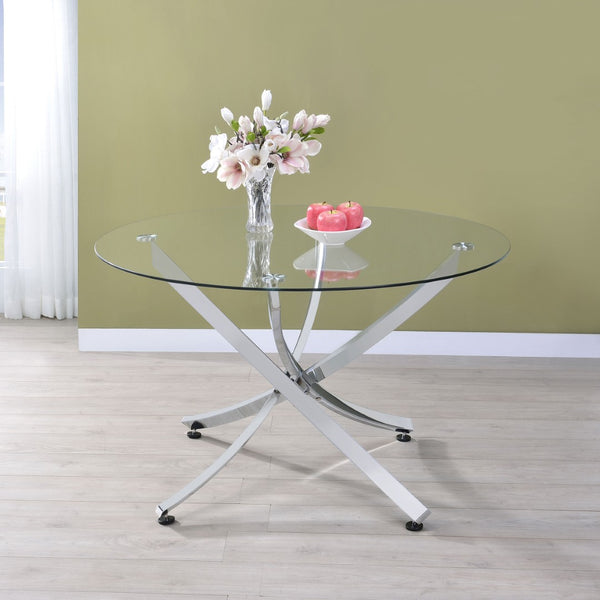 English Elm Declan Round Tempered Glass Dining Table with Sculptural Chrome Asterisk Base B062S01925