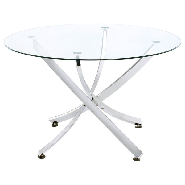English Elm Declan Round Tempered Glass Dining Table with Sculptural Chrome Asterisk Base B062S01925